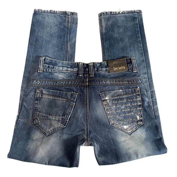 Lee Leith Other - Lee Leith Men Distressed Whiskered Straight Leg Jeans Blue 31 32 Gingham Detail